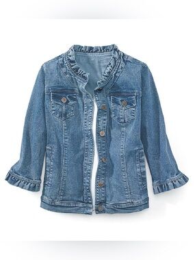 Ruffled Denim Jean Jacket — 3/4 Sleeve Button Front | NorthStyle